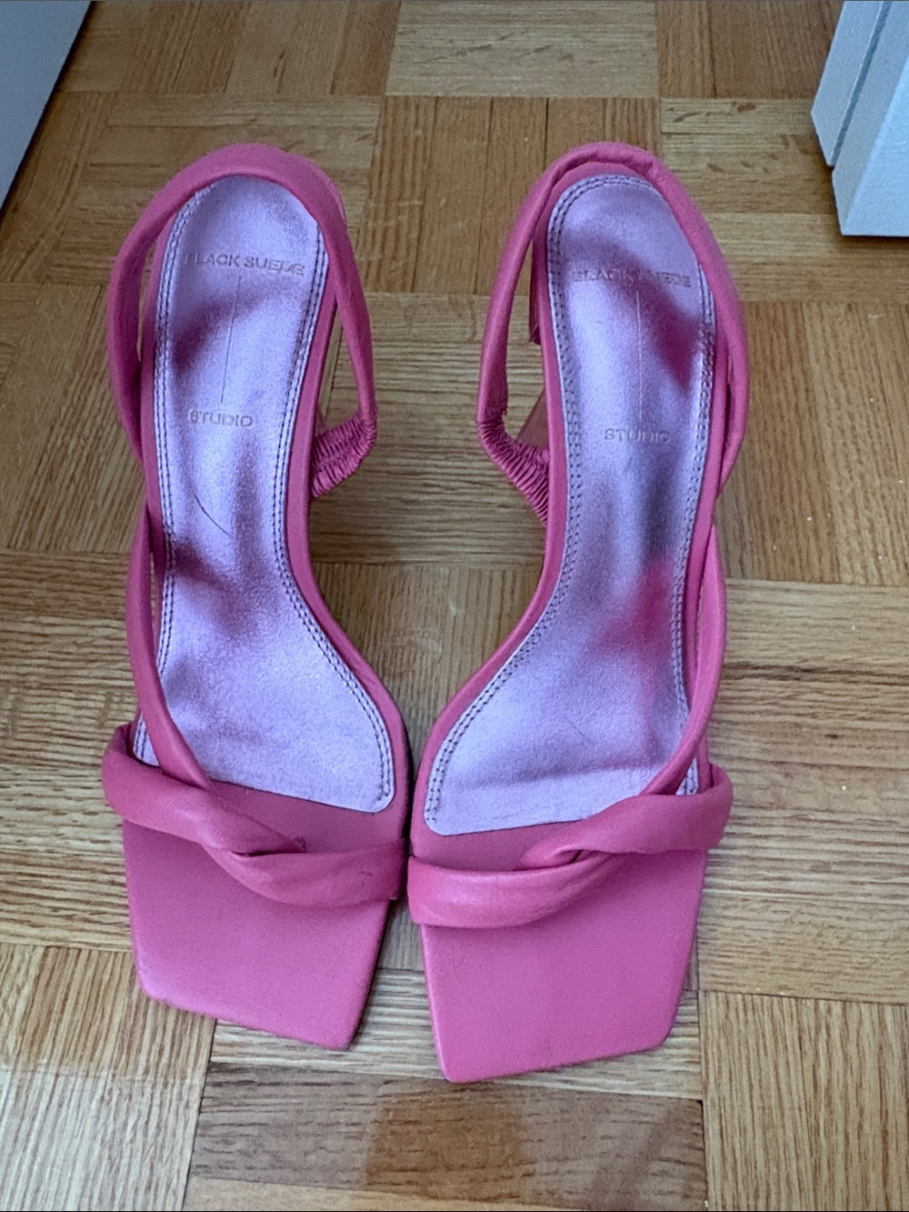 AA Studio Pink Twisted Strap Square-Toe Slingback Heels